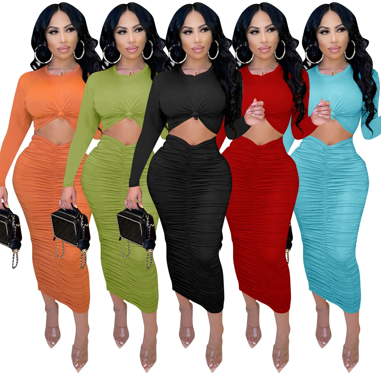 Fall 2021 woman clothes pleated long skirt new fashion ladies dress two piece set skirt