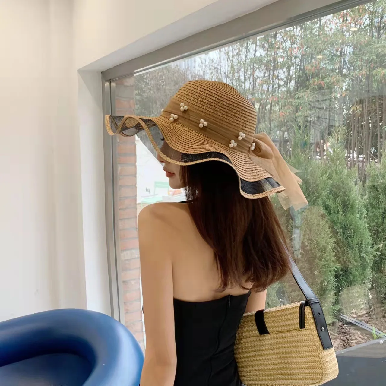 Lace Bowknot Wave Fashion Wide Brim Braided Roll Up Travel Packable Summer Girls Straw Jazz Hat Beach Cap With Pearl For Women