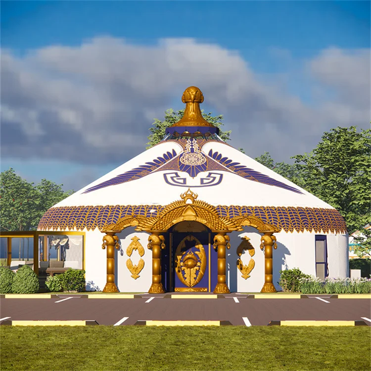 Outdoor Waterproof Wooden Mongolian Yurt House Canvas Glamping Tent with Bedroom and Stove