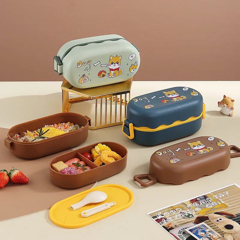 Cartoon Design Lunch Box for Kids School Children Plastic Bento Lunchbox 2-Layer Students Lunch Box with Spoon 850ml