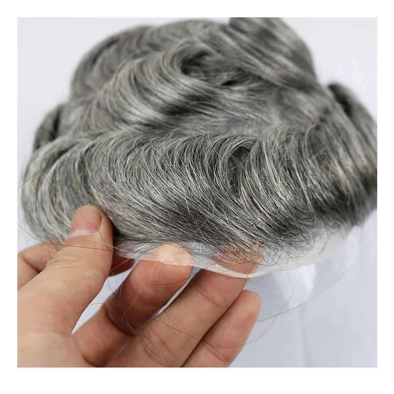 Invisible Pu Poly Base 0.02mm Super Thin Skin  V Loop Men Human Hair Pieces Toupee with Gray Hair