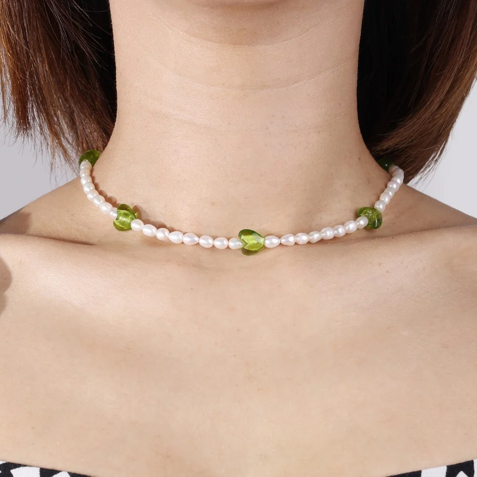 nagosa new arrival 925 sterling silver jewelry women 18k gold vermeil freshwater pearl & green heart beads bracelet necklace
