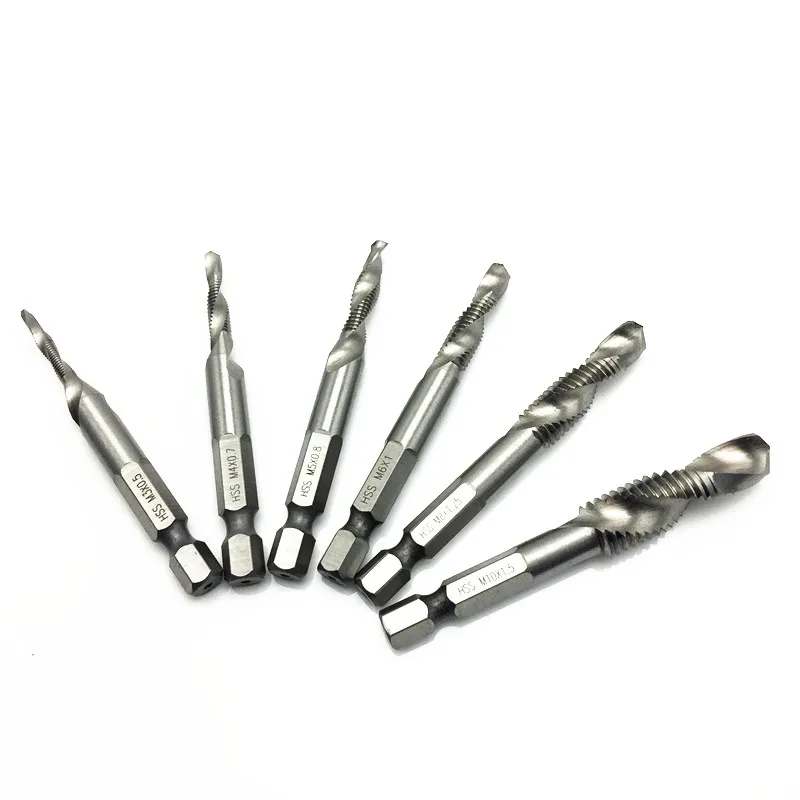 6pcs  Hex shank metric tap drill combinate screw thread tap taper drill bit set tool