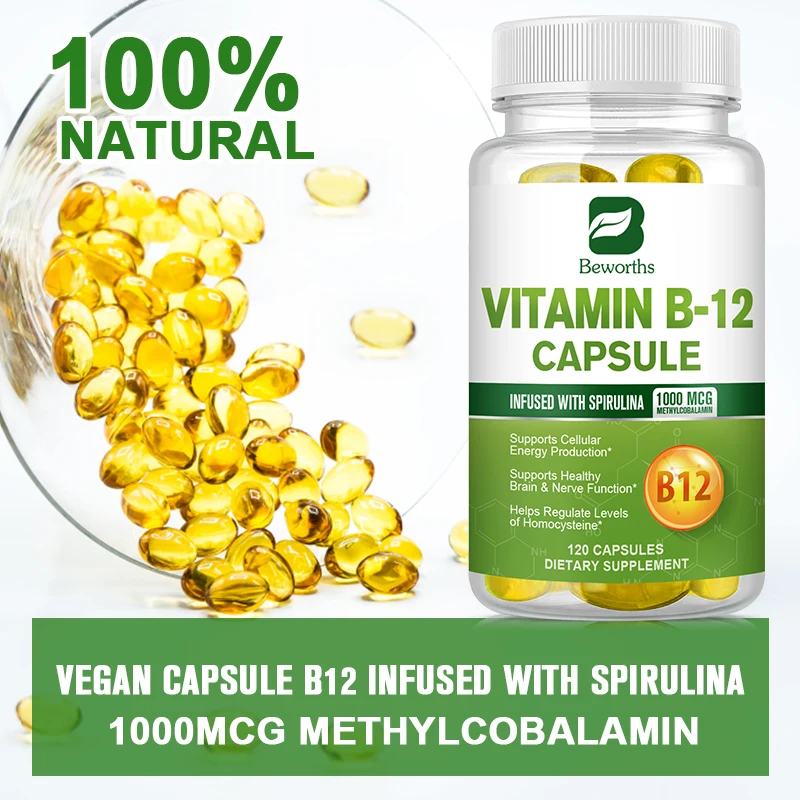 60pcs Vitamin B12 Softgel Capsules Nerve Brain Health Supplements Infused with Organic Spirulina