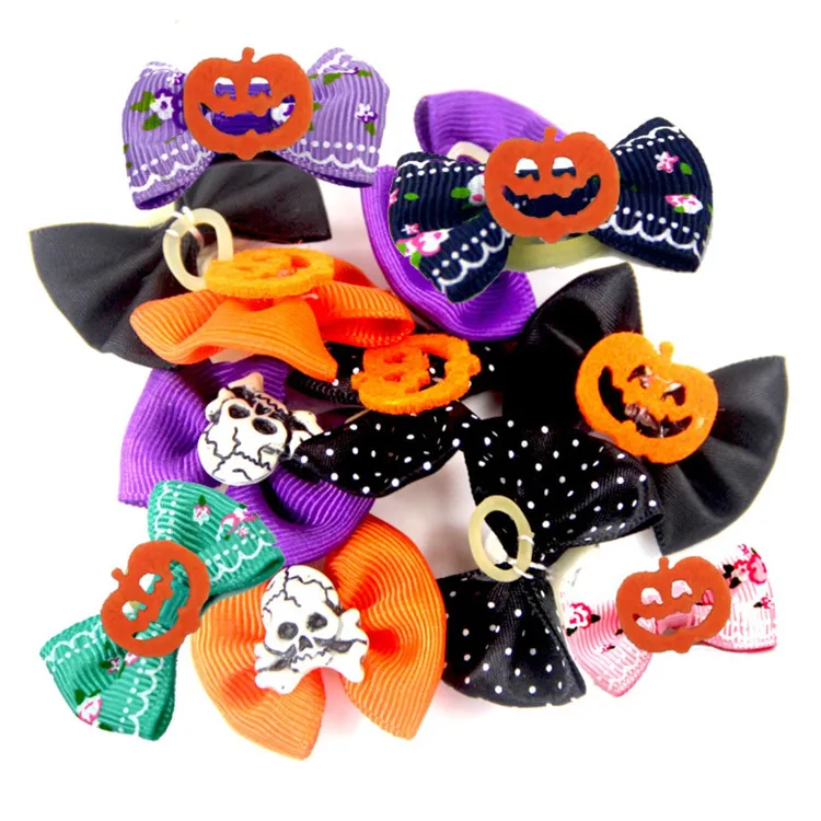 Halloween Pet Dog Cat Hair Bows Puppy Grooming Bows Hair Accessories with Rubber Bands