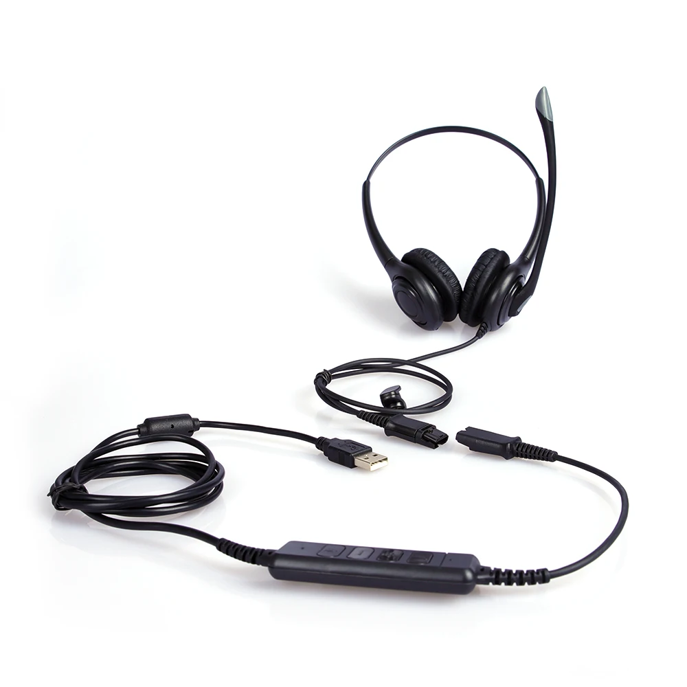 Binaural Call center computer USB headset with Plantronics QD connector for call center or remote work