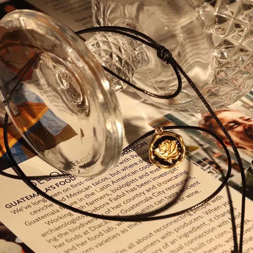 Chris April PVD gold plated 316L stainless steel hand crafting black enamel rose cameo pendant necklace