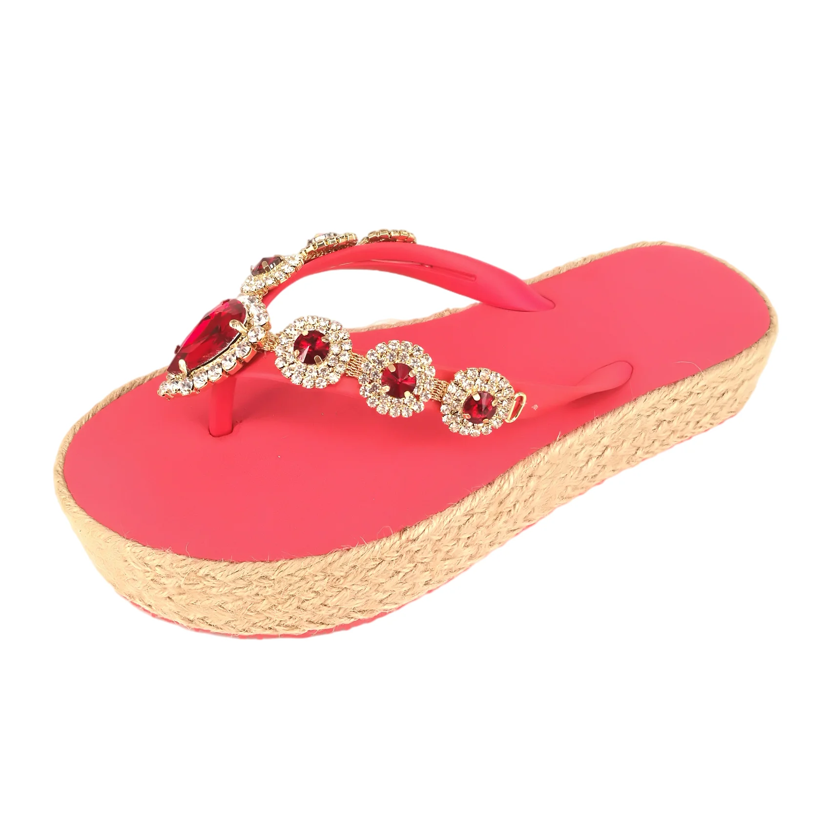 OEM   ladies  flip flops sandals  diamonds chain wedges  jute string foxing slides