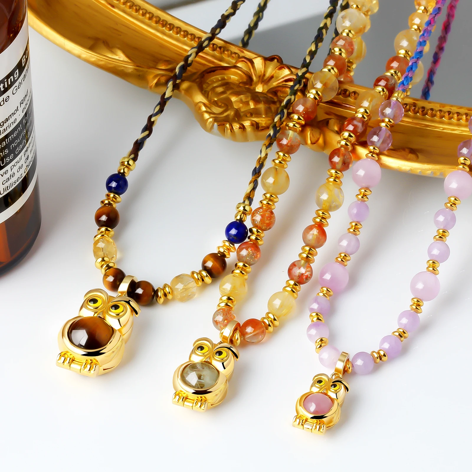 Dainty 18K Gold Plated Owl Pendant Charm Jewelry Crafted Golden Strawberry Quartz Natural Crystal Women Beaded Necklaces