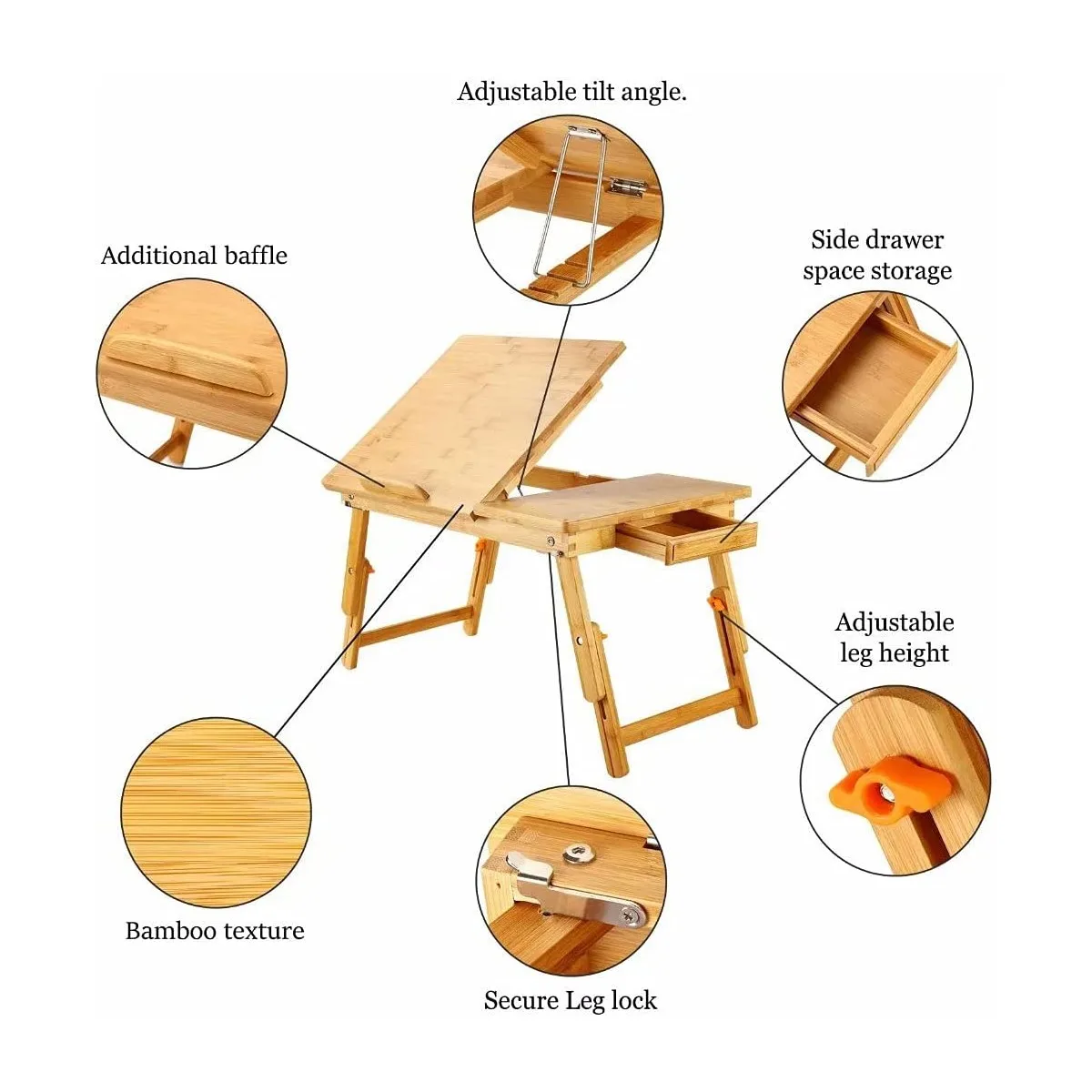 Multifunctional Folding Bamboo Study Laptop Table with Extendable Legs