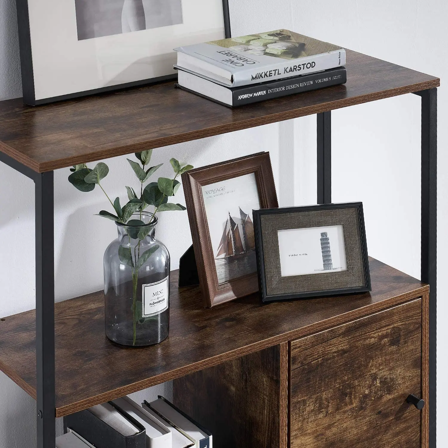 metal  Living room furniture frame 4 tiers storage rack wooden bookshelves