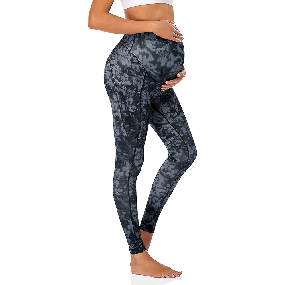 
wholessale Black Grey Tie-dyed Maternity Leggings Over The Belly Pregnancy Yoga Pants with Side Pockets 