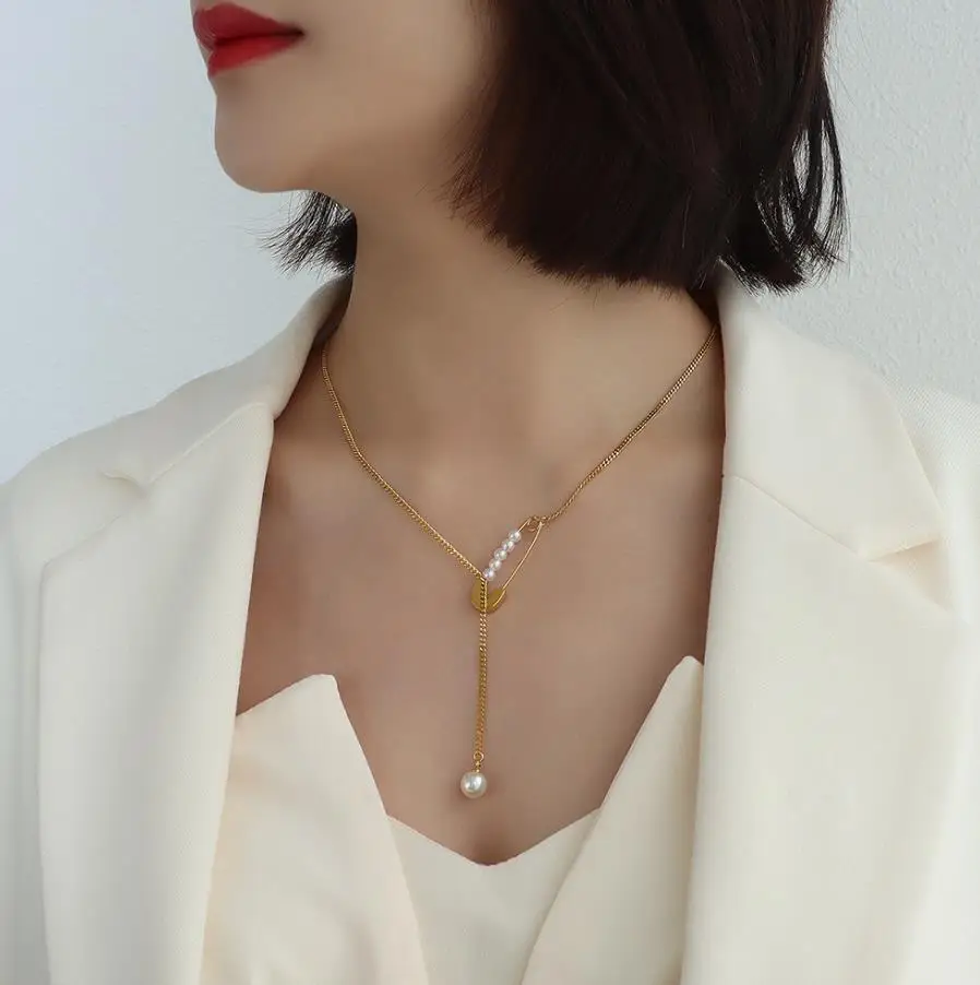 French paperclip collier femme 18K gold imitation pearl necklace stainless steel long necklace with pearl for women