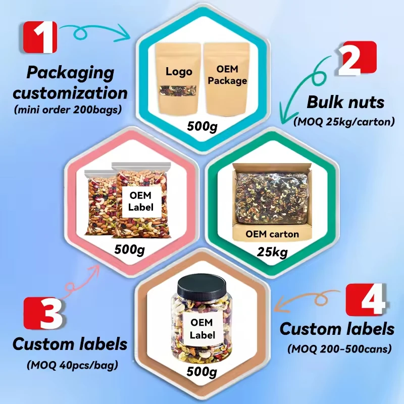 Bucket mixed nuts 500g mixed bulk bagged cashew dried fruit breakfast snack nuts hot selling mixed nuts