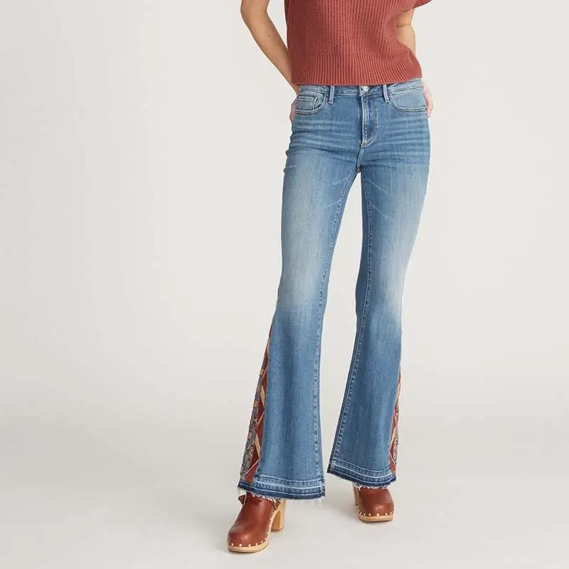 new design high waisted quality denim distressed blue color baggy bellbottom flared   custom women embroidery jeans