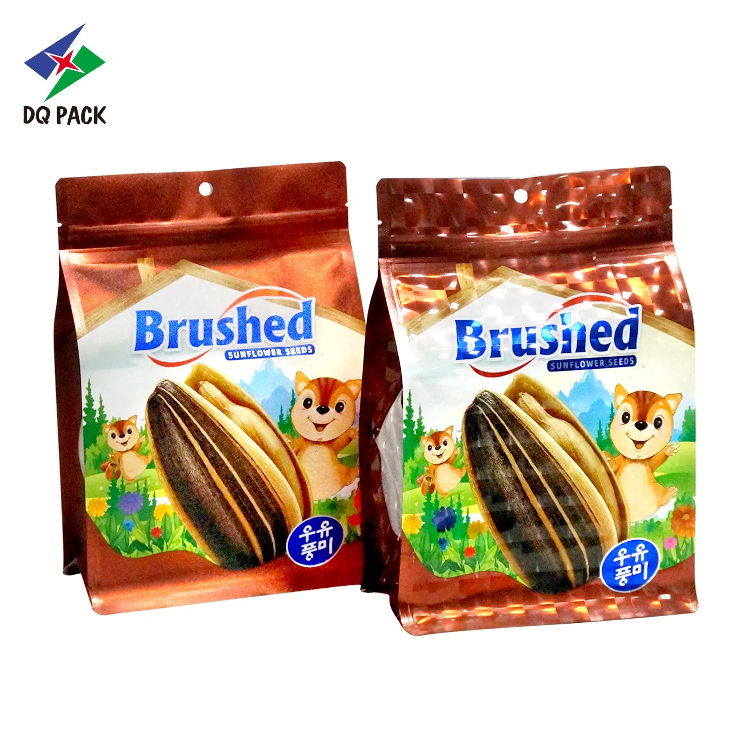 DQ PACK Custom Logo Food Grade Stand up Pouch Sunflower Seeds Packaging with PE Aluminum Foil Zipper Flat Bottom Stand Pouch