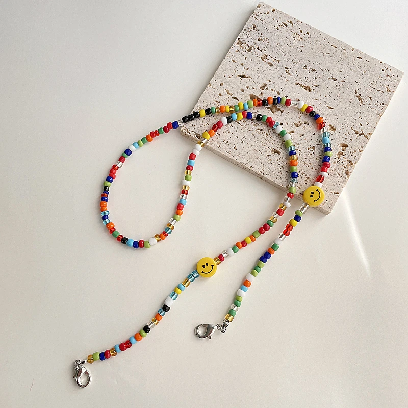Цветные солнцезащитные очки со смайликом и бусинами, ремешки для очков, цепочка для очков, веревочные подвесные ремешки для маски на шею для женщин и девочек