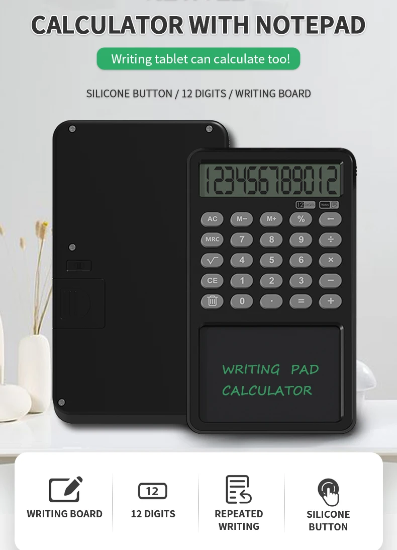 12 Digit Display Calculator Notepad LCD Writing Tablet Drawing Board with Stylus Pen Erase Button Lock for Office Students