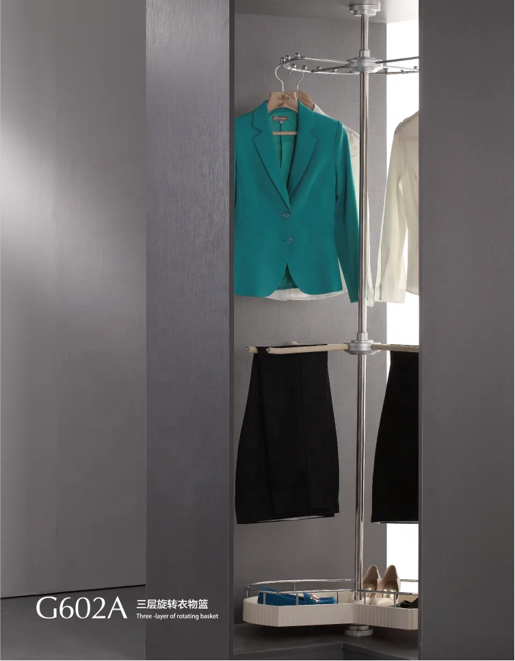 Hot sell three layers rotating clothes basket wardrobe accessories with trousers rack for 90 degrees corner wardrobe
