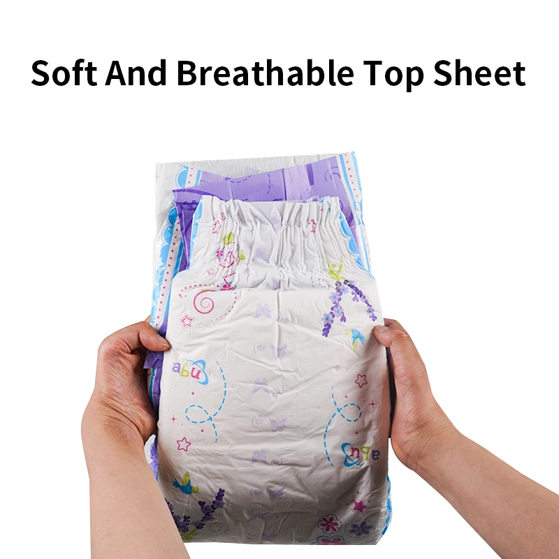 AD9402 Non-Woven Fabric Disposable Open Type Comfrey Adult Diapers With Purple Edge Pattern Printed Pe Bottom Film For Hospital