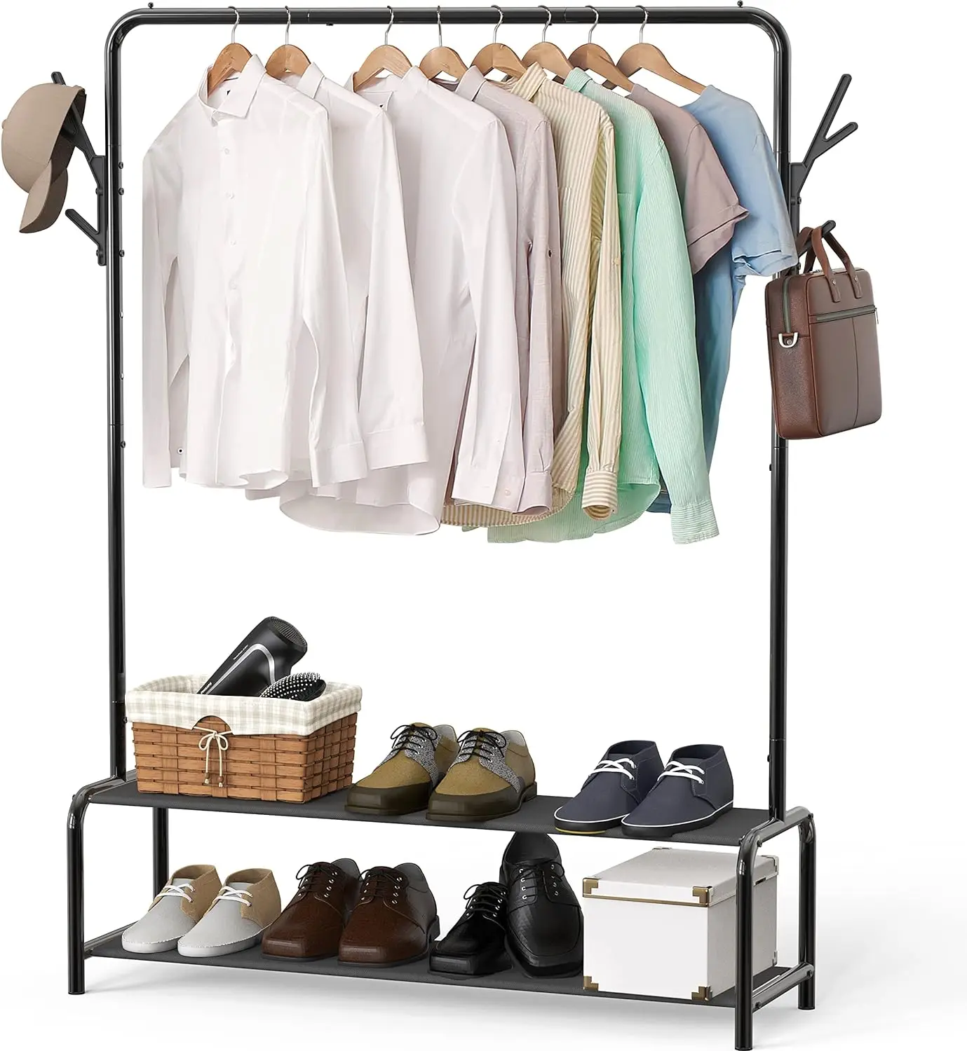 Garment Rack with Storage Shelves and Coat/Hat Hanging Hooks