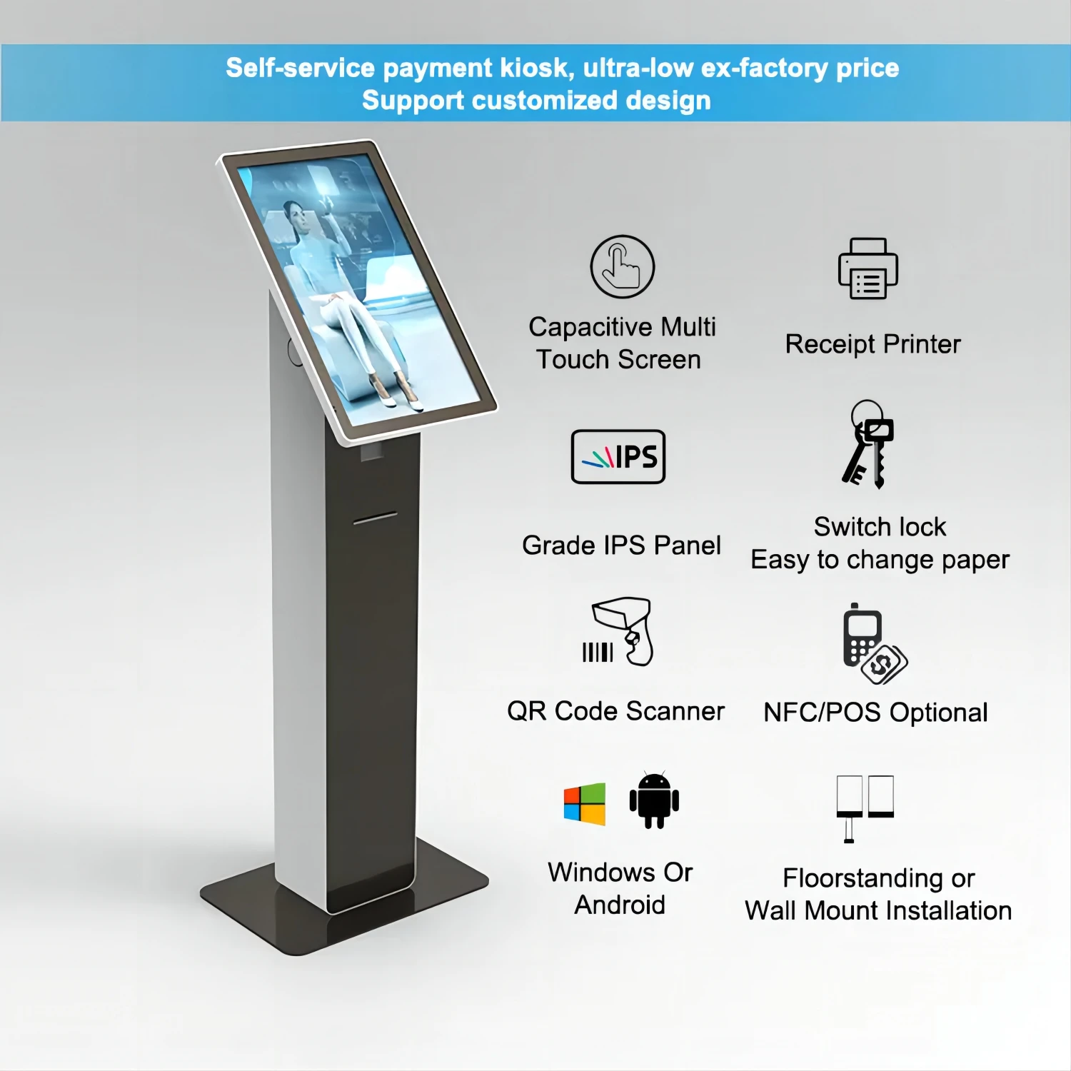 Freestanding 21.5 Inch Android Capacitive Touch Screen Queue Kiosk With Pos Barcode Scanner Ticket Printer Options