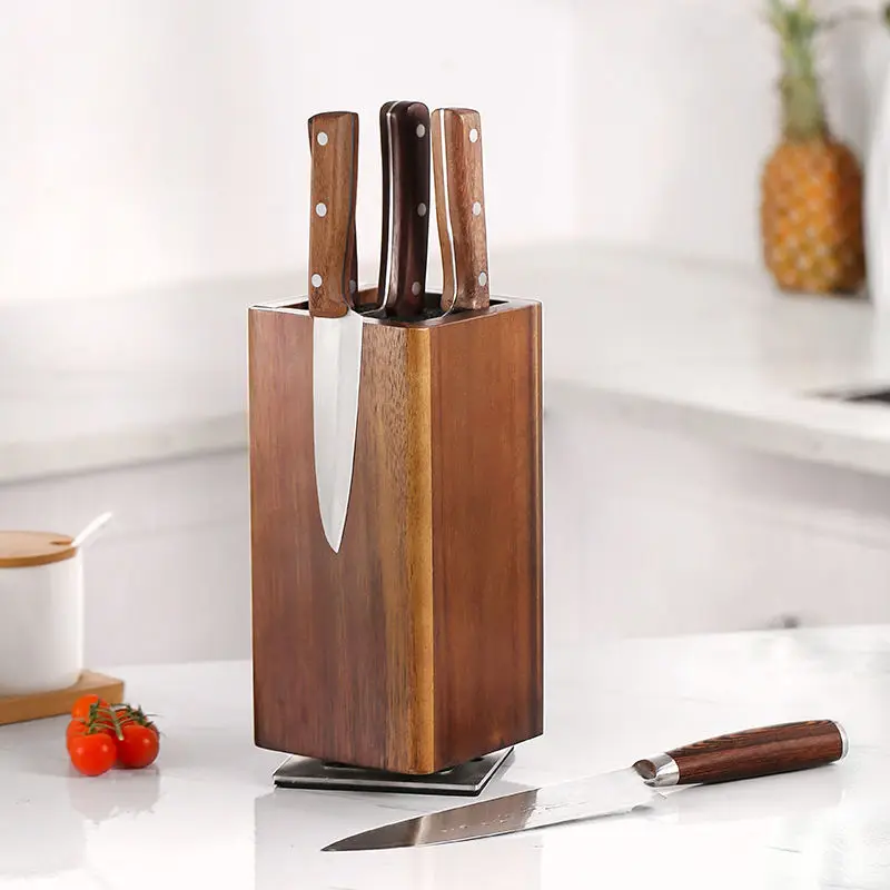 Acacia wood magnetic knife block for kitchen wooden knife holder
