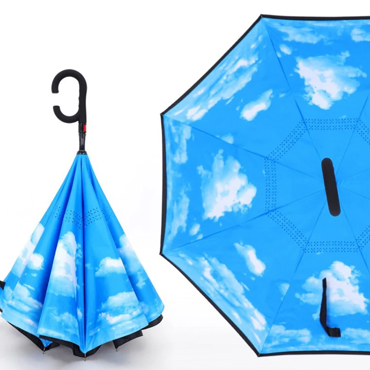 Invert Inside Out Reverse Long Sky Umbrella With C-handle