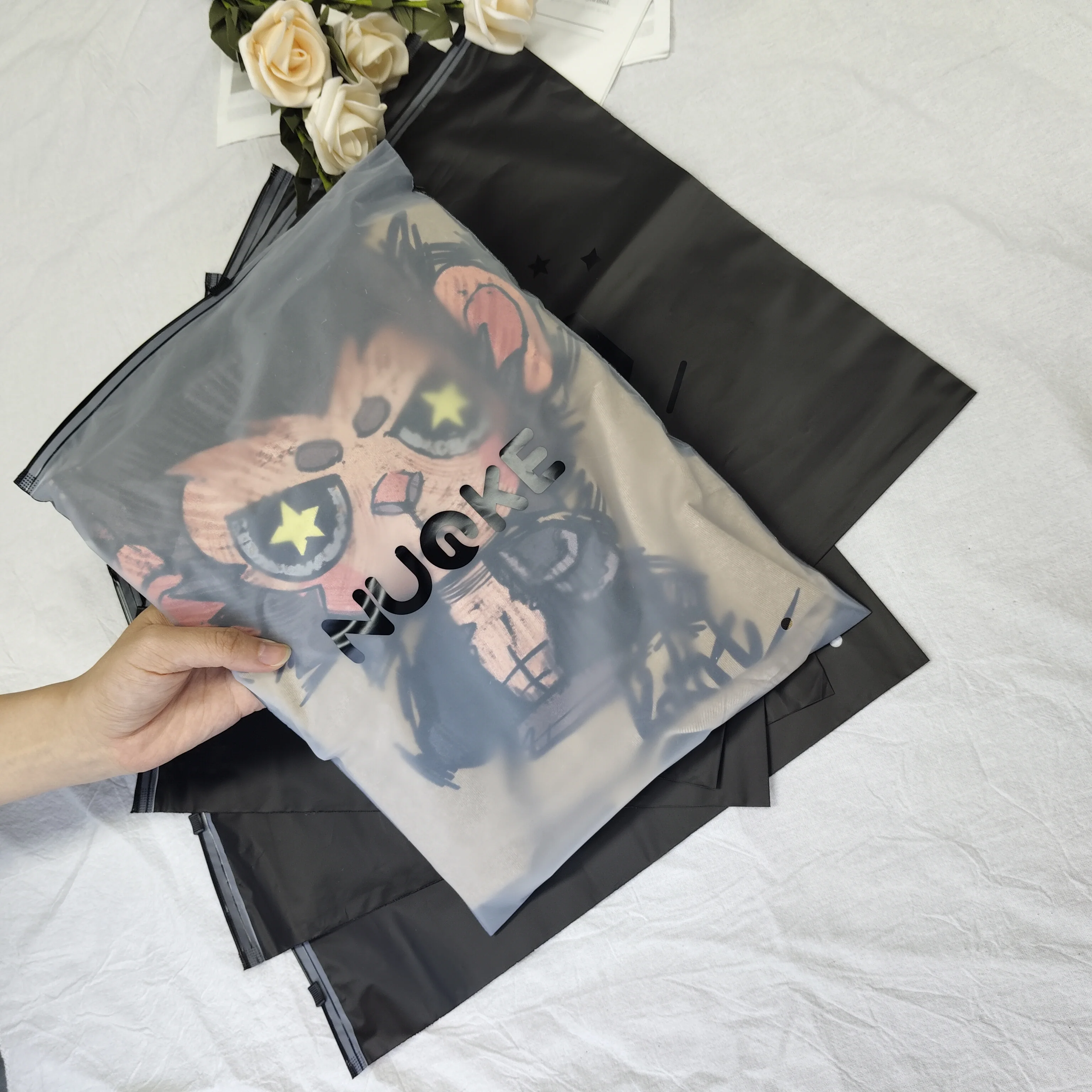 Custom own logo printed clothing garment clothes t shirt packing  zipper frosted plastic packaging bag