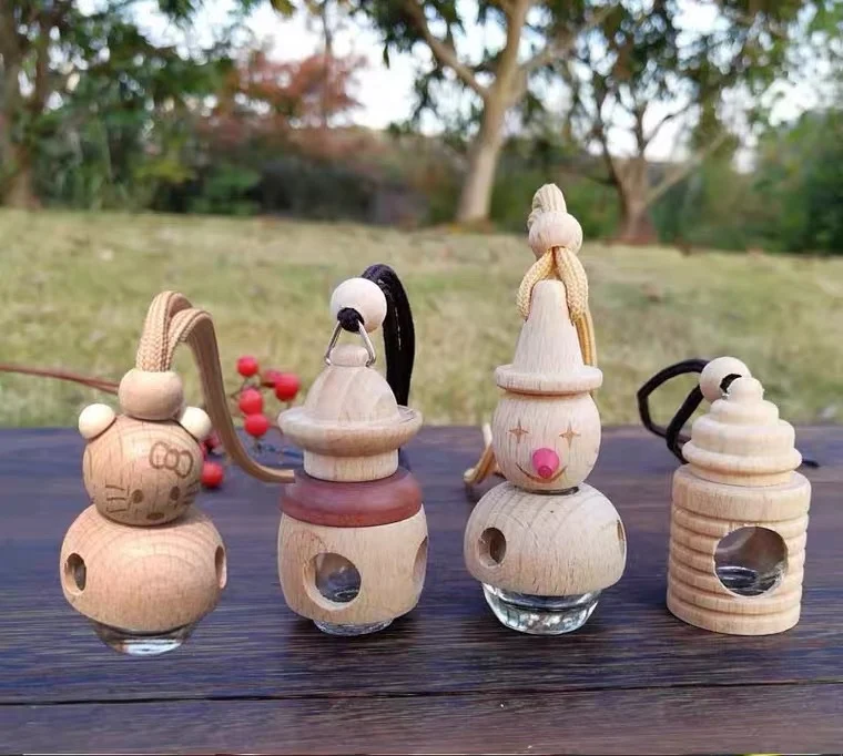 Factory wholesale high end cleardoll shaped empty car air freshener perfume glass bottle with wooden top