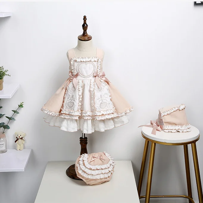 
3523 3pcs Vintage Children Spanish Embroidery Dresses Girls Spain Lotia Ball Gowns Baby Baptism Christmas Dress Boutique Clothes 
