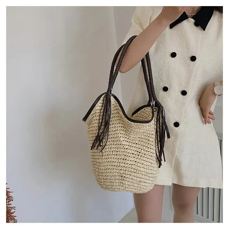 Designer Brands  Raffia Summer Hand-Woven Soft Large Straw Shoulder Bag Boho With Zipper