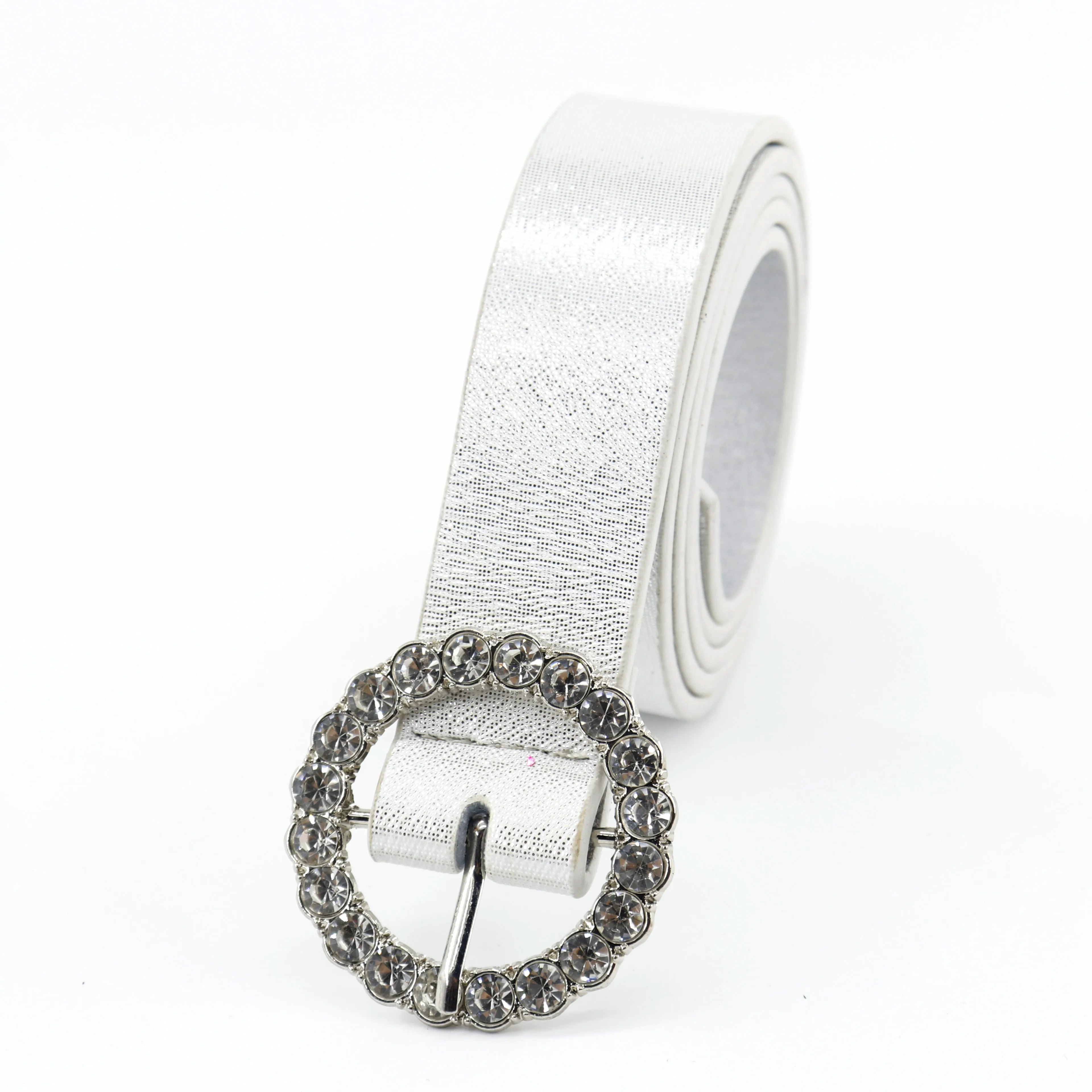 Wholesale Metallic Silver PU Diamond-embedded Belt for Lady Dresses/Jeans