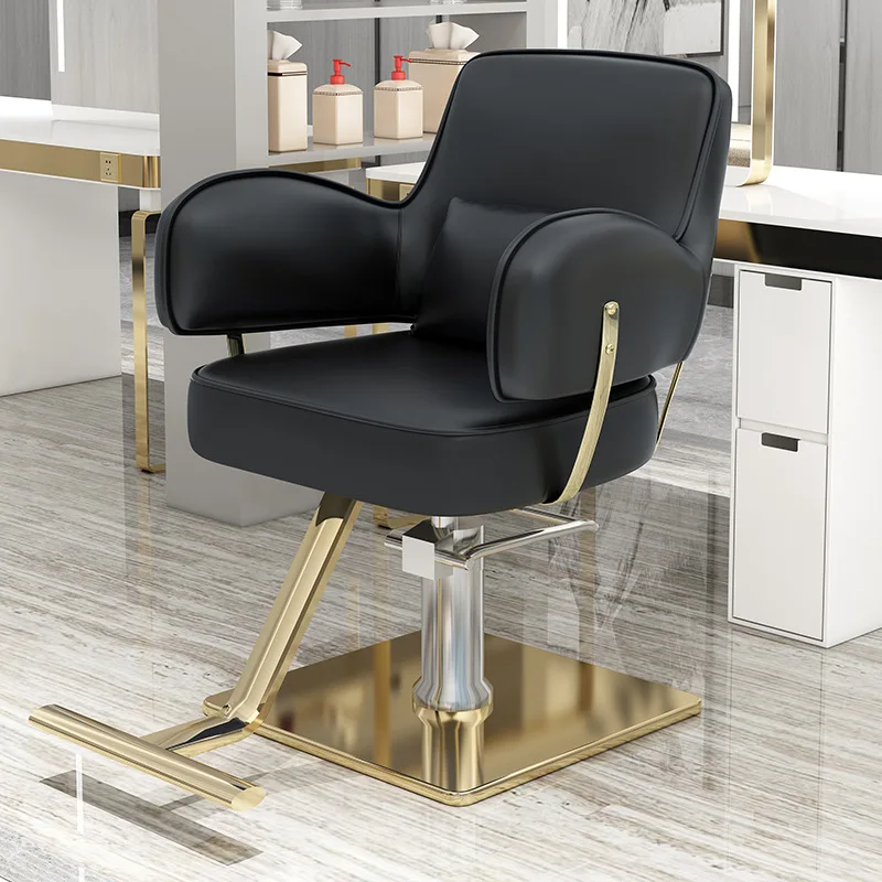 Velvet Fabric Hairdressing Make Up Styling Chair Gold Round Base And Footrest Hair Salon Furniture
