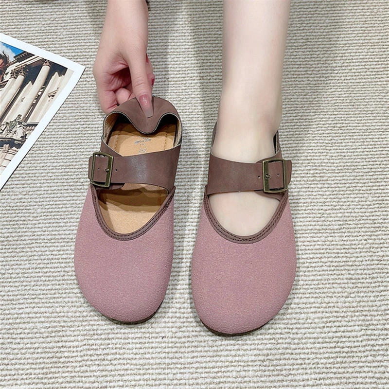 Hot Selling Girls Round Toe Soft Sole Mary Jane Shoes Women Color Blocking Flat Loafer Shoes With Buckle
