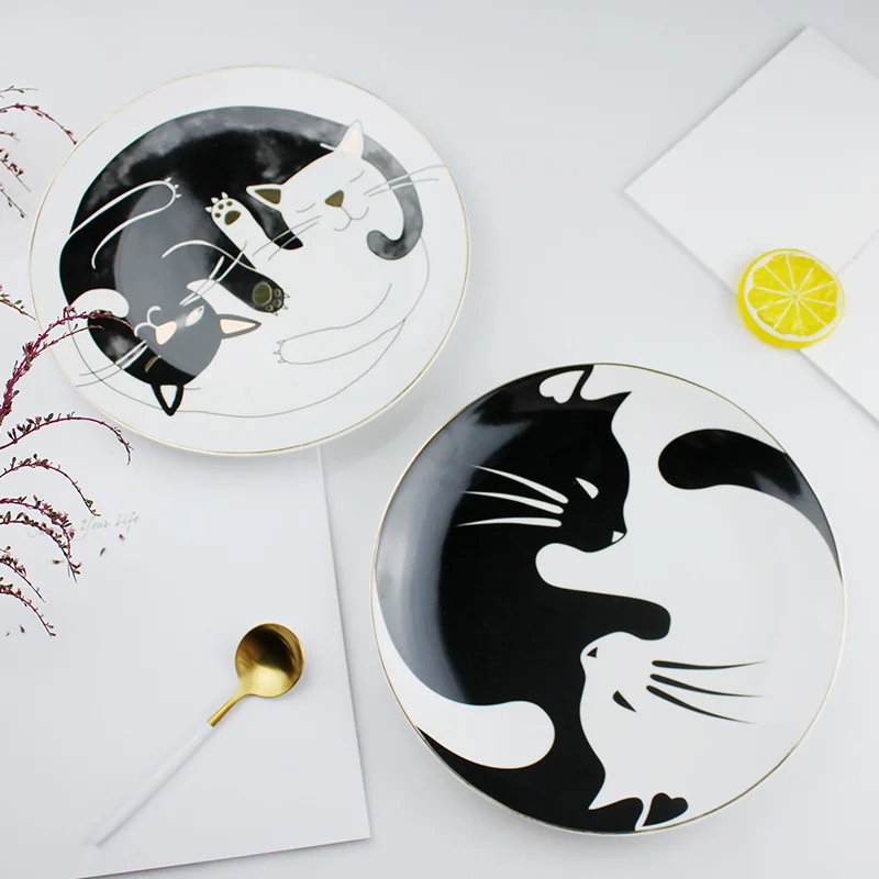 Household kitchen tableware bone china Cartoon ceramic round gold rim cat ring dish