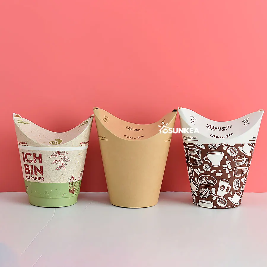 Disposable single and double wall paper cup without extra lid, coffee cup with self cover, butterfly cup