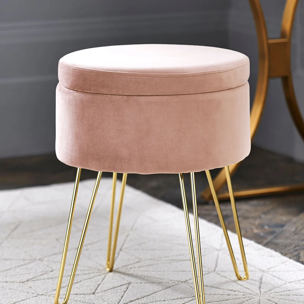 
Moodern shoe shop round detailing velvet steel leg storage ottoman cube stool round pouf 
