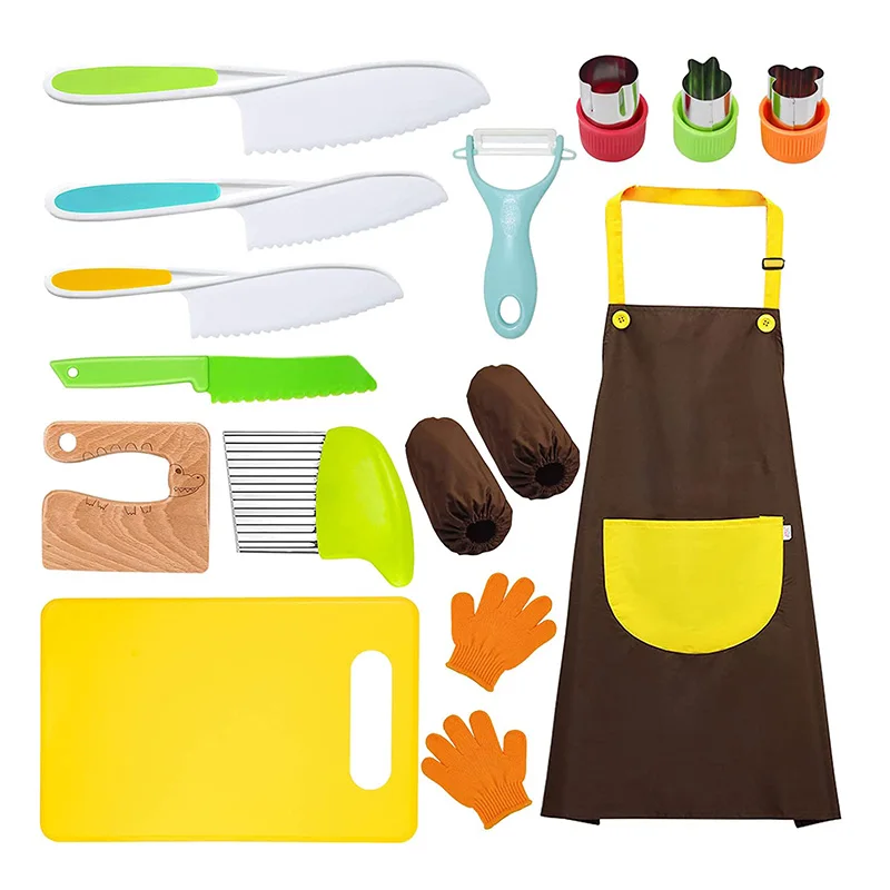 Customizable Kids cooking tool Set 14 Pcs Includes Kids Apron, Wood Kids Safe Plastic Toddler Knife, Cutting Board, Apron