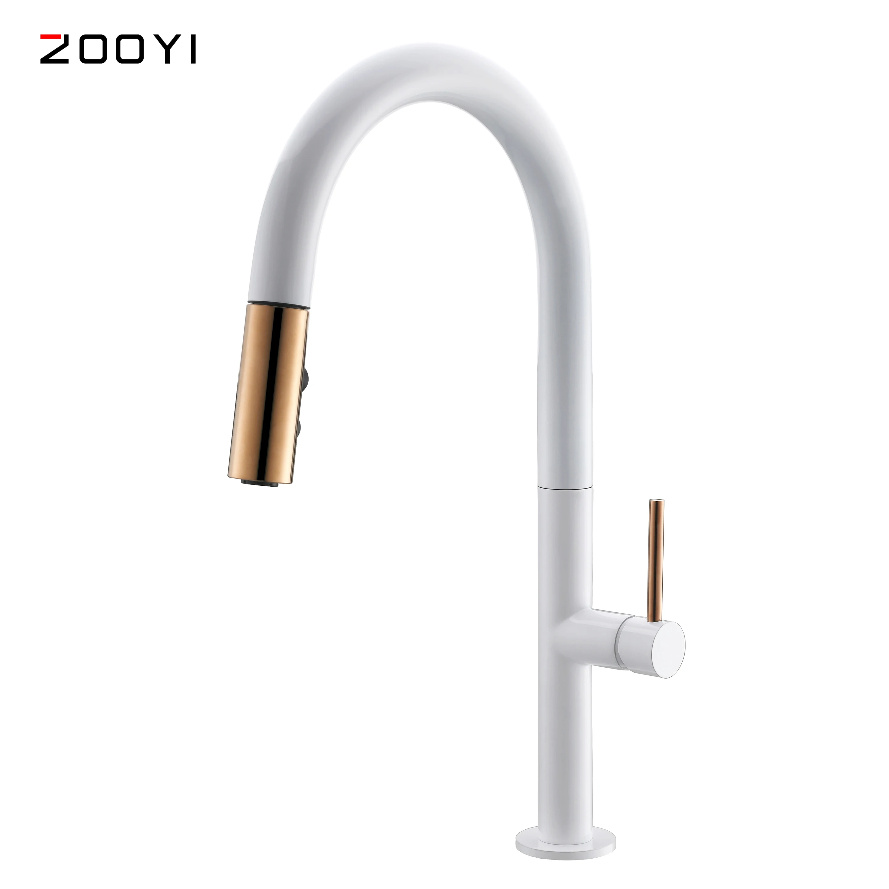 ZOOYI new designer white single handle brass pull out kitchen faucet sink with sprayer head