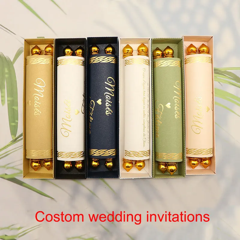 Creative Design Pink Scroll Paper Scroll Wedding Invitations Cards With Scroll Sticks and Paper Box