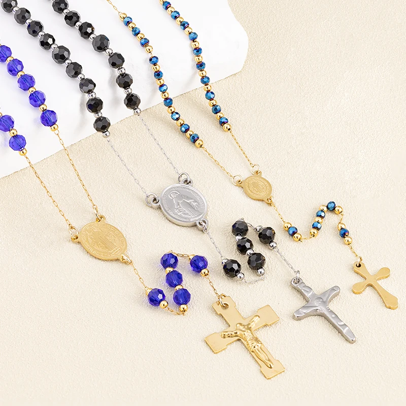 Stainless Steel Necklace with Blue Black Crystal Beads Chain Catholic Rosary Virgin Cross  Perfect Gift Christians Jewelry