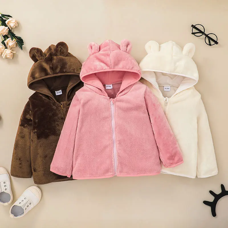 FuYu Fashion Baby Girls Beautiful Solid Color Cute Thick Hoodie Zipper Warm Coat Jacket in Winter