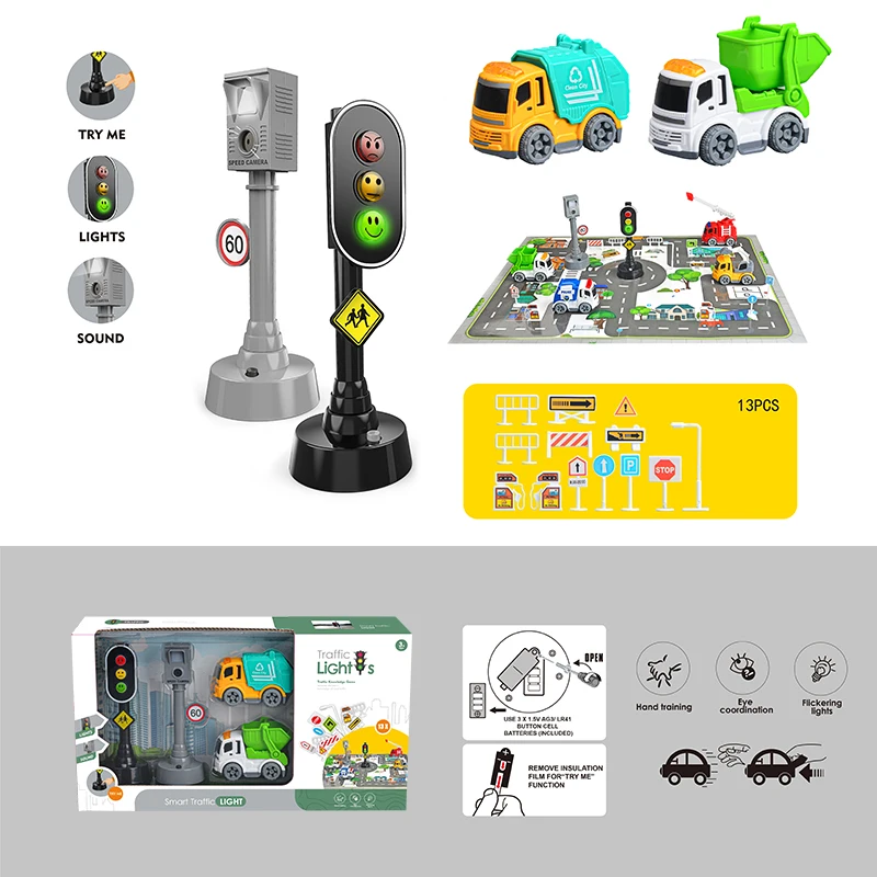 Kids Interactive Learning Push and Go Car Toys Traffic Sign Toy Police Car Set with Play Mat