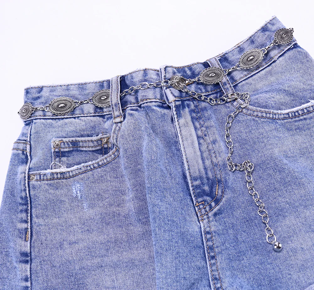 Женский овальный пояс-цепочка из бирюзового металла