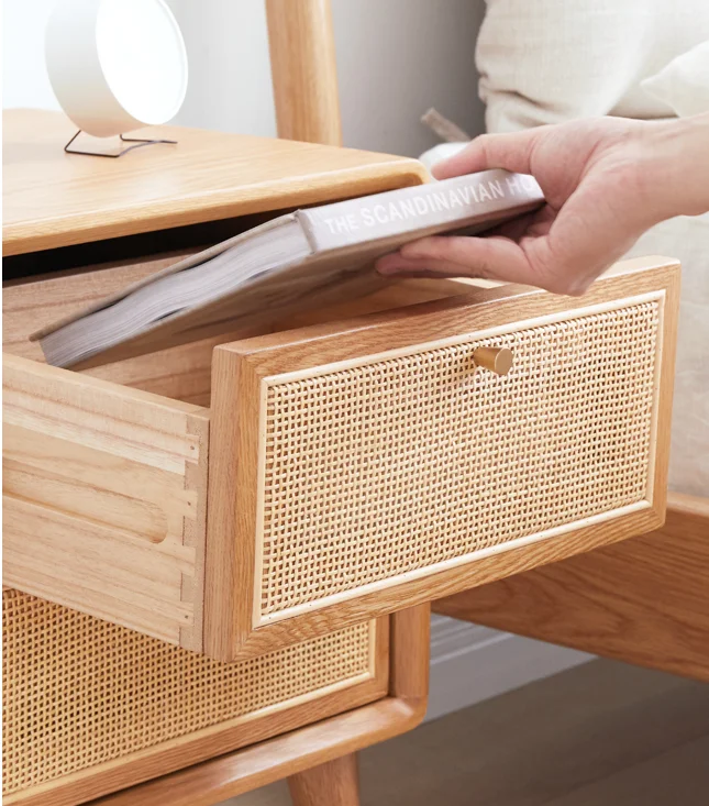 Amazon best selling free sample Factory Supplier Wooden Storage Side Table With rattan drawer for bedroom