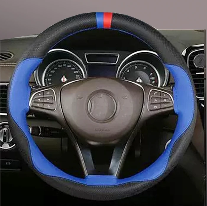 Two color combined leather hand sewn steering wheel cover