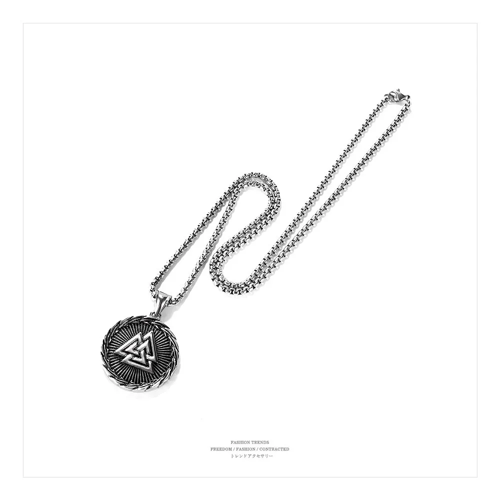 Custom Ancient Silver Amulet Norse Viking Vegvisir Retro Triangular Rune Pendant Necklace for Men