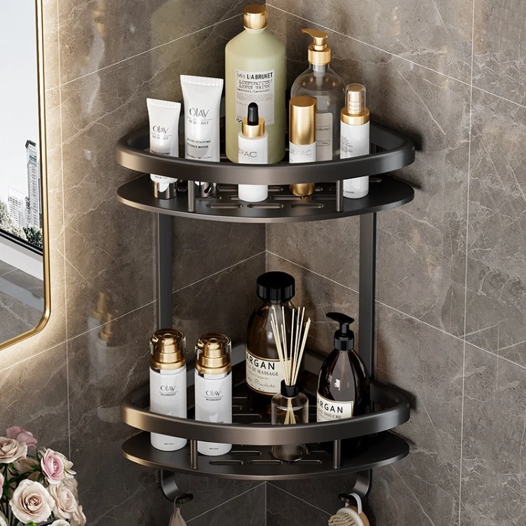 Shower Corner Shelf Black Siver 2 Layers Bathroom Ssquare Triangle Corner Shelf No Drilling 2 Tier Silver Space Aluminum Carton