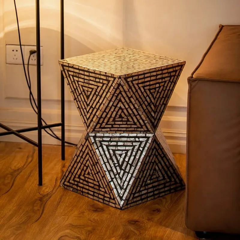 Grid Inlay Coffee Table Wood Side Table Console End Table for Living Room Furniture Modern Design 2024 Home Decoration Items